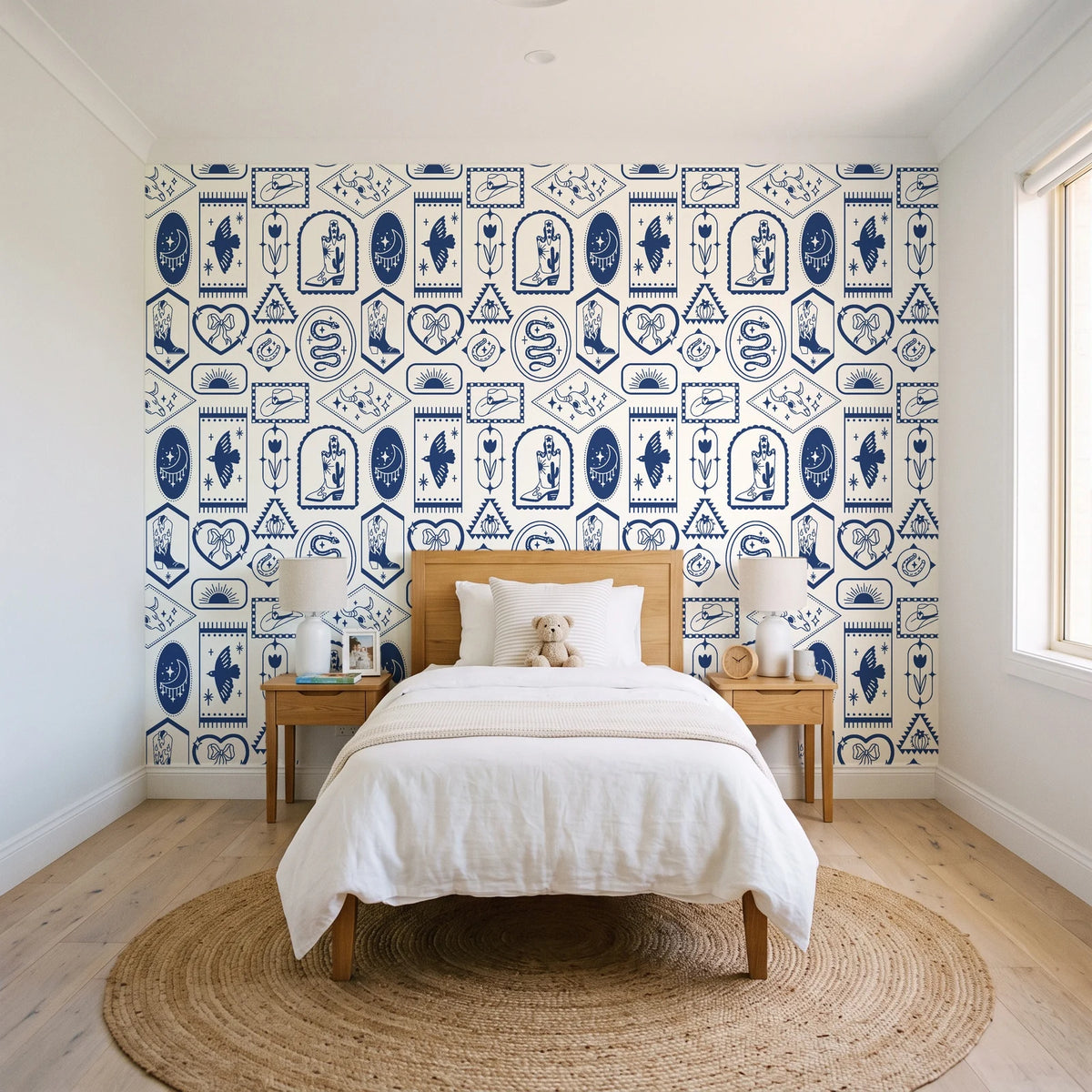 Desert Charms Indigo western icon wallpaper in a bright, cheerful child's bedroom