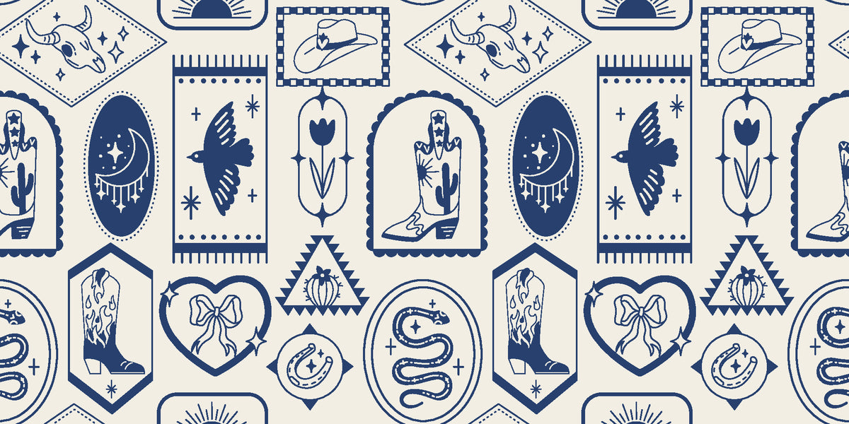 Desert Charms Indigo western icon wallpaper in indigo and cream