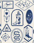 Desert Charms Indigo western icon wallpaper in indigo and cream