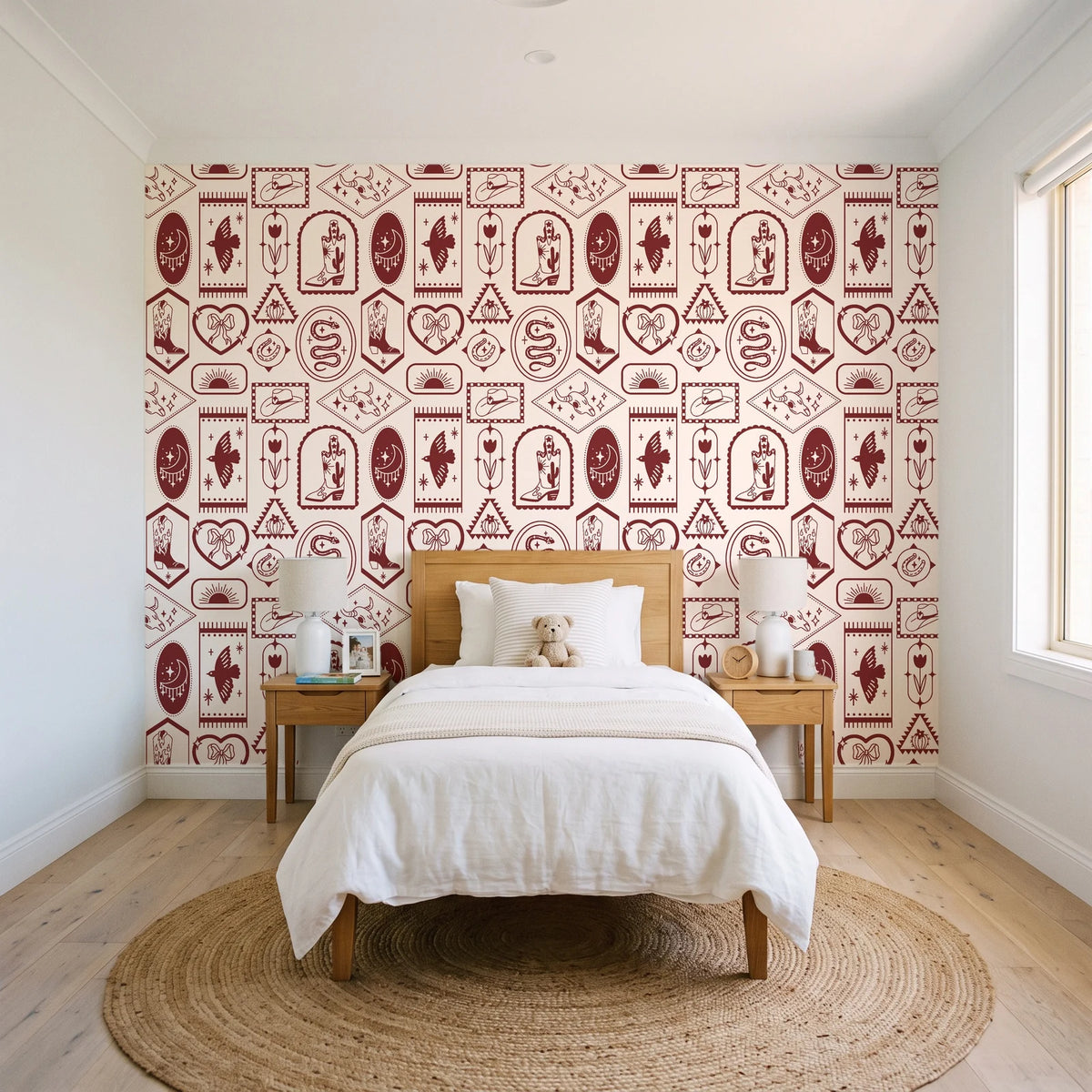 Desert Charms Oxblood western icon wallpaper in a bright, cheerful child's bedroom