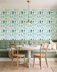 Desert Charms Turquoise western icon wallpaper as a feature wall in a sunlit breakfast nook