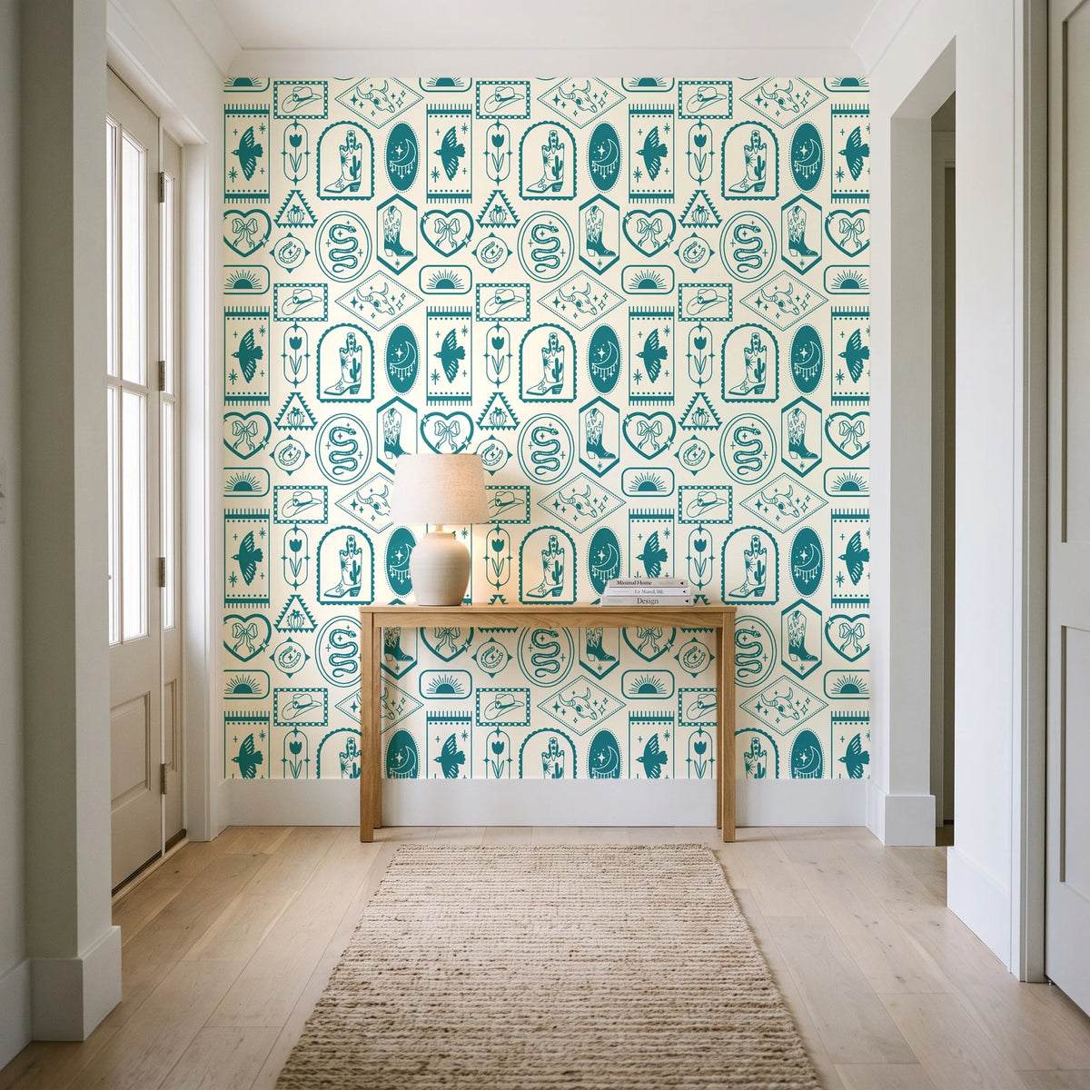 Desert Charms Turquoise western icon wallpaper behind a console table in a light entry hallway