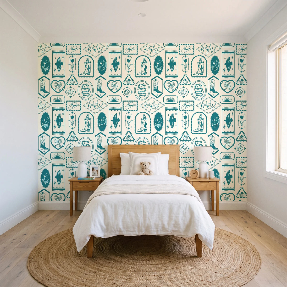 Desert Charms Turquoise western icon wallpaper in a bright, cheerful child's bedroom