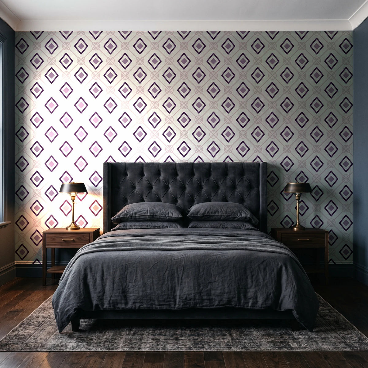Desert Compass Aubergine geometric diamond wallpaper behind a tufted headboard in a dark, moody bedroom