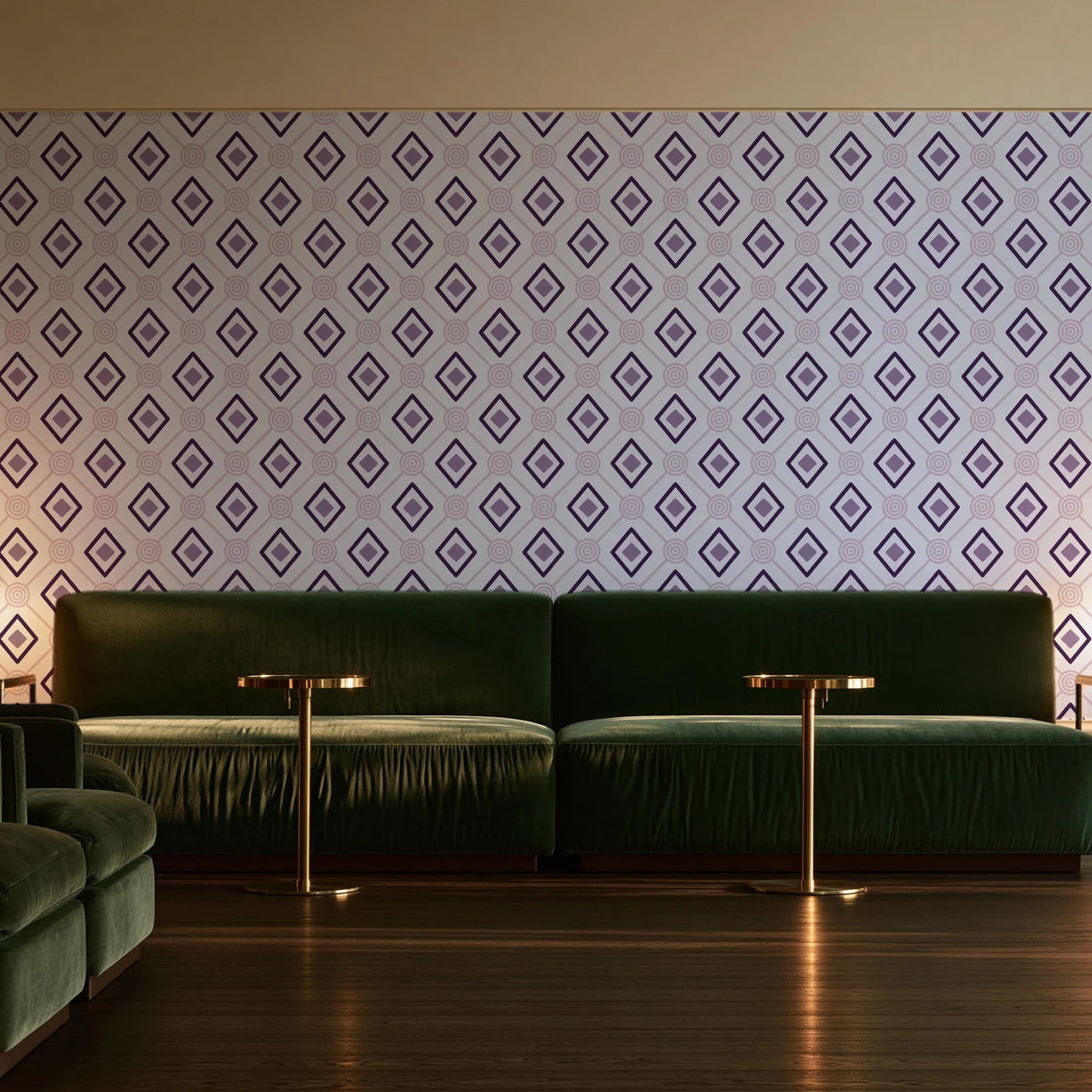 Desert Compass Aubergine geometric diamond wallpaper in an intimate luxury cocktail lounge