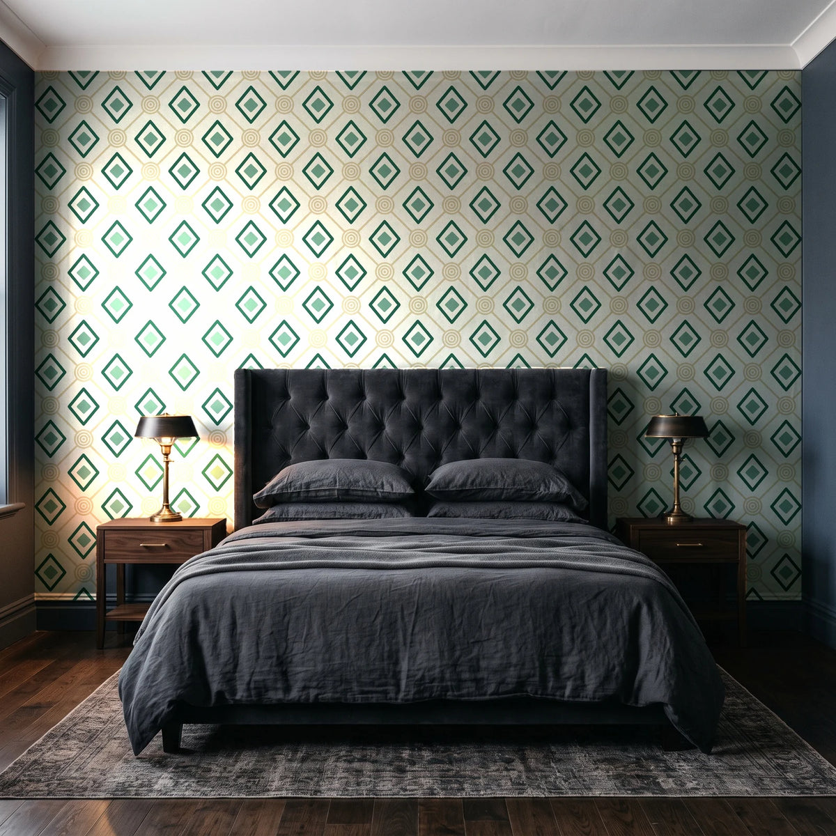 Desert Compass Emerald geometric diamond wallpaper behind a tufted headboard in a dark, moody bedroom