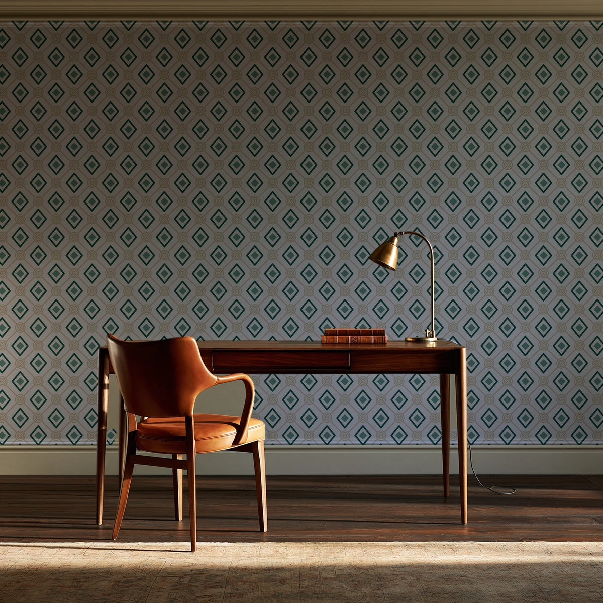 Desert Compass Emerald geometric diamond wallpaper as a feature wall in a home study