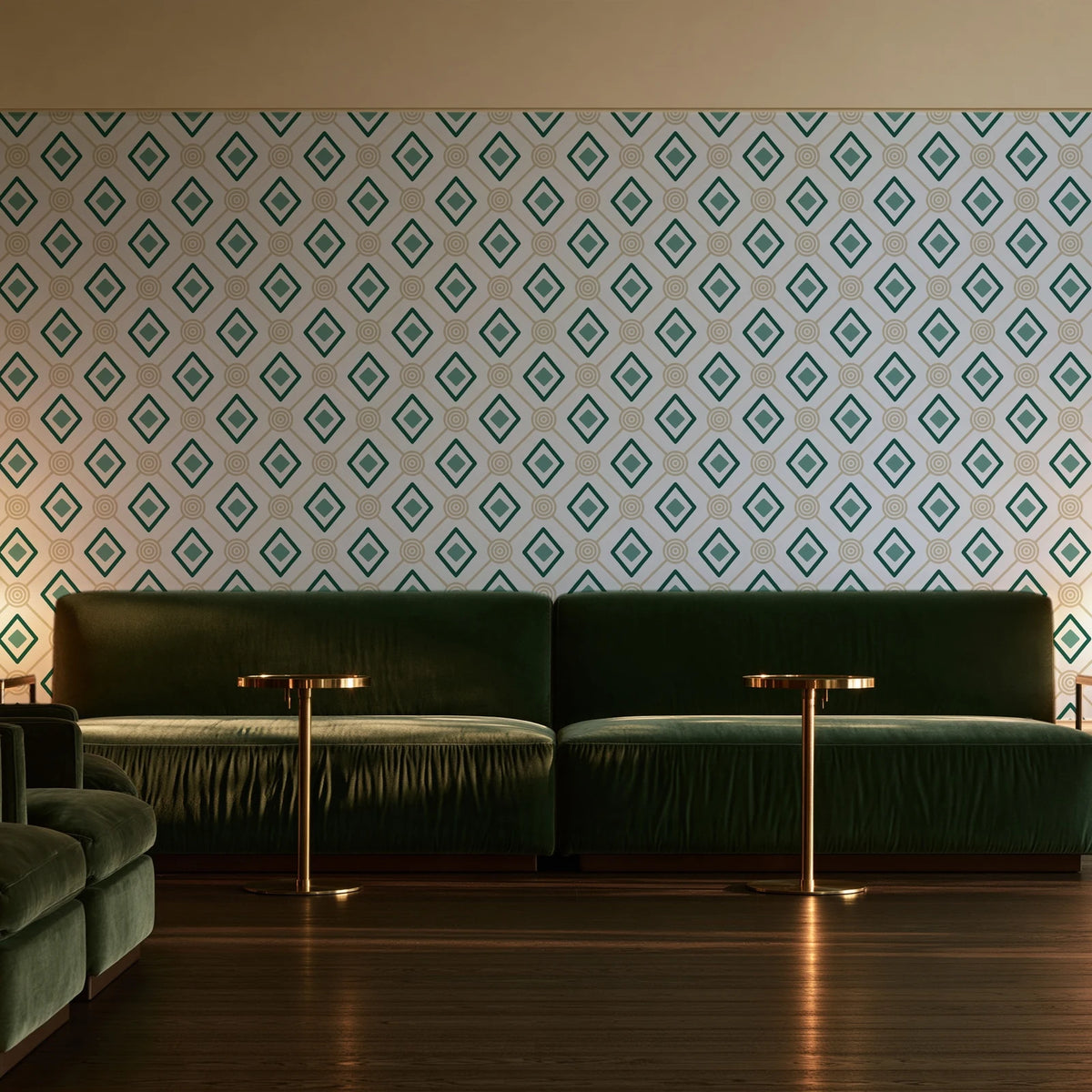Desert Compass Emerald geometric diamond wallpaper in an intimate luxury cocktail lounge