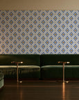 Desert Compass Navy geometric diamond wallpaper in an intimate luxury cocktail lounge