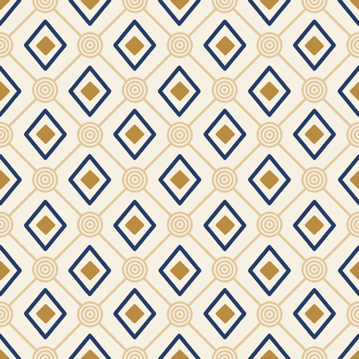 Desert Compass Navy geometric diamond wallpaper in navy, gold and cream
