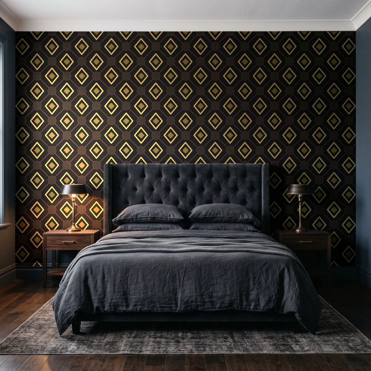 Desert Compass Onyx geometric diamond wallpaper behind a tufted headboard in a dark, moody bedroom