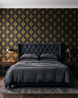 Desert Compass Onyx geometric diamond wallpaper behind a tufted headboard in a dark, moody bedroom
