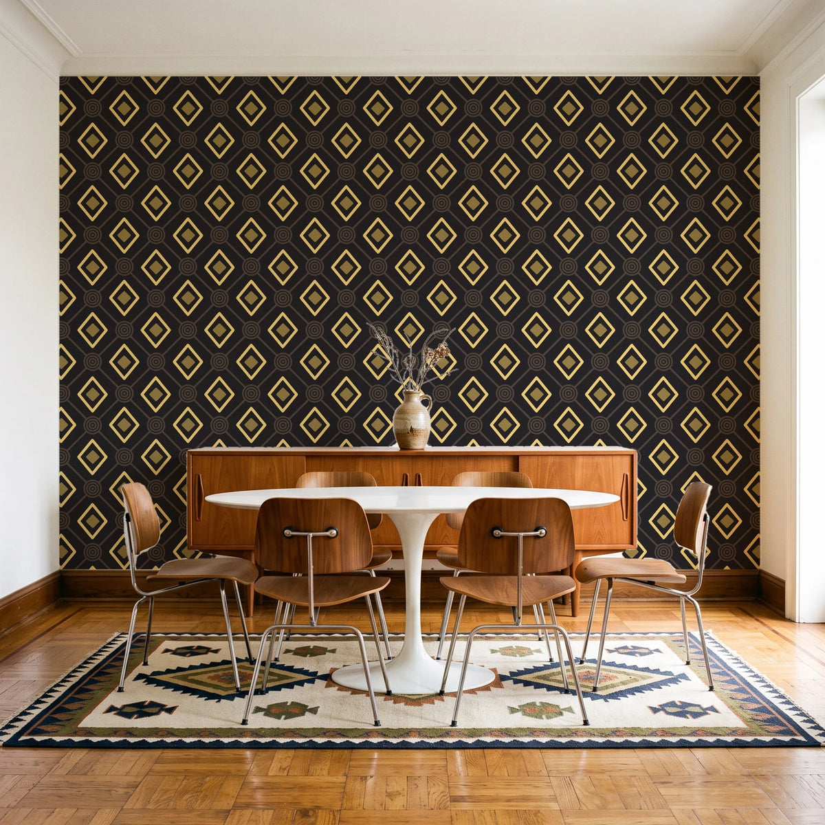 Desert Compass Onyx geometric diamond wallpaper in a mid-century dining room with a teak sideboard and tulip table