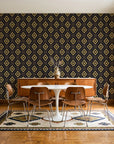 Desert Compass Onyx geometric diamond wallpaper in a mid-century dining room with a teak sideboard and tulip table