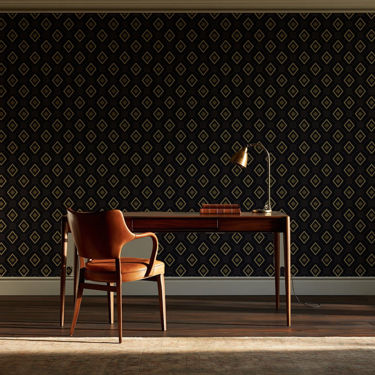 Desert Compass Onyx geometric diamond wallpaper as a feature wall in a home study
