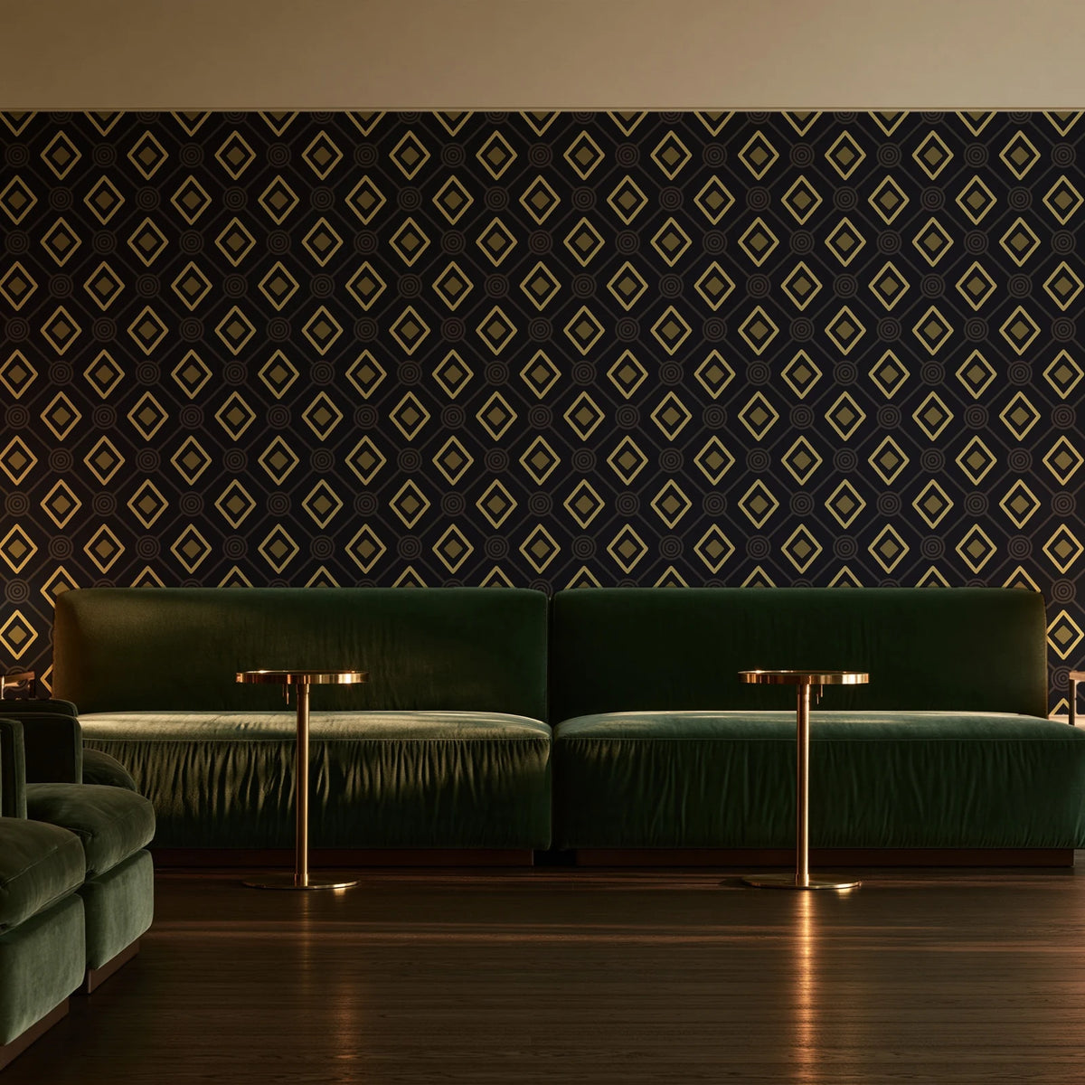 Desert Compass Onyx geometric diamond wallpaper in an intimate luxury cocktail lounge