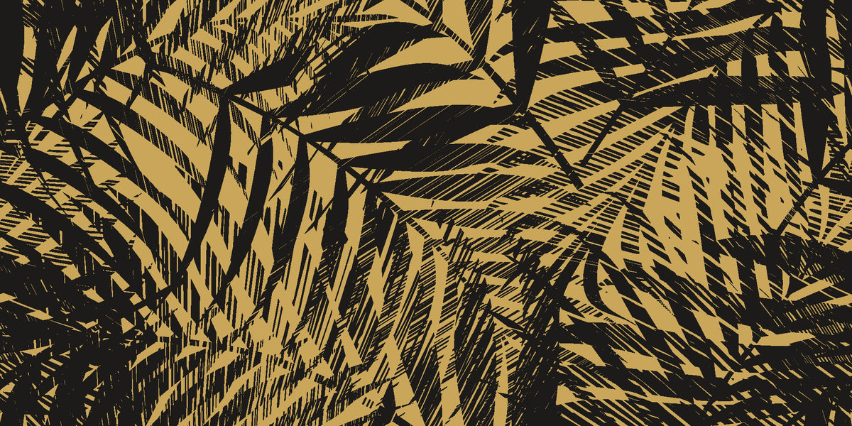 Desert Frond Gilt palm frond wallpaper in black and gold