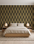 Desert Ritual Noir tribal geometric wallpaper behind a low platform bed in a serene Japandi bedroom