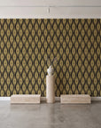 Desert Ritual Noir tribal geometric wallpaper behind a travertine pedestal and vase in a minimal boutique