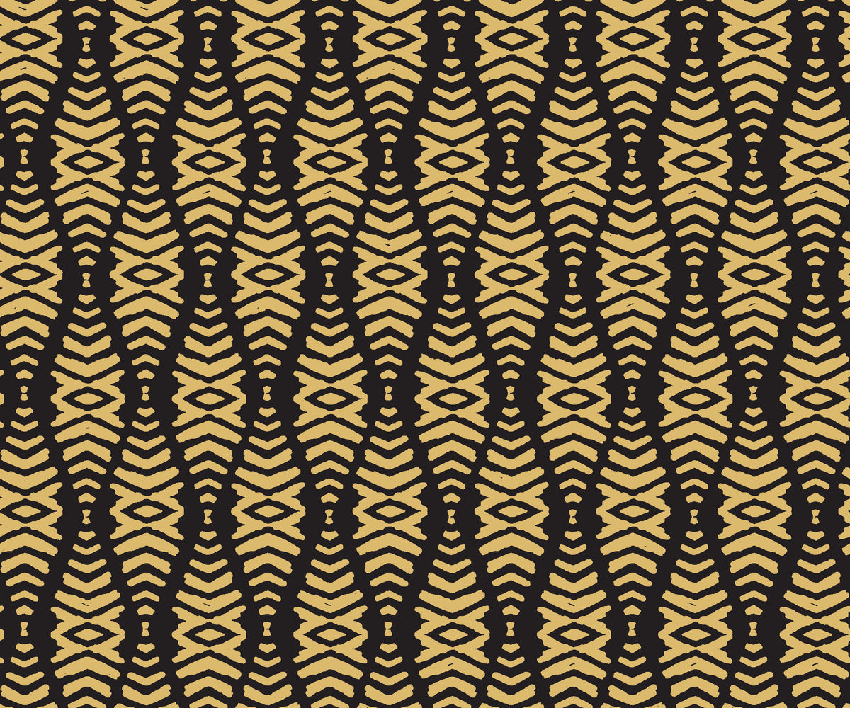 Desert Ritual Noir tribal geometric wallpaper in black and gold
