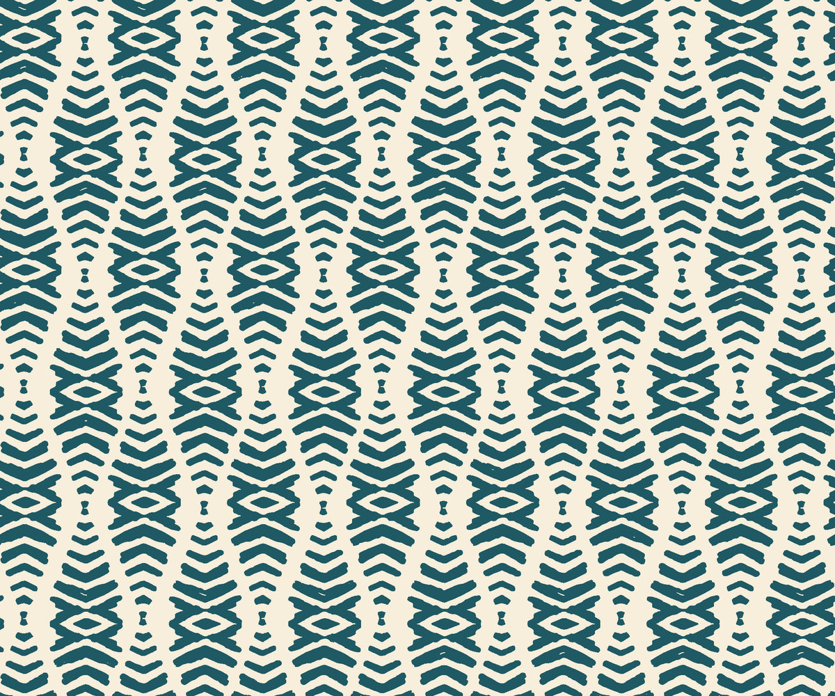 Desert Ritual Peacock tribal geometric wallpaper in peacock teal and ivory