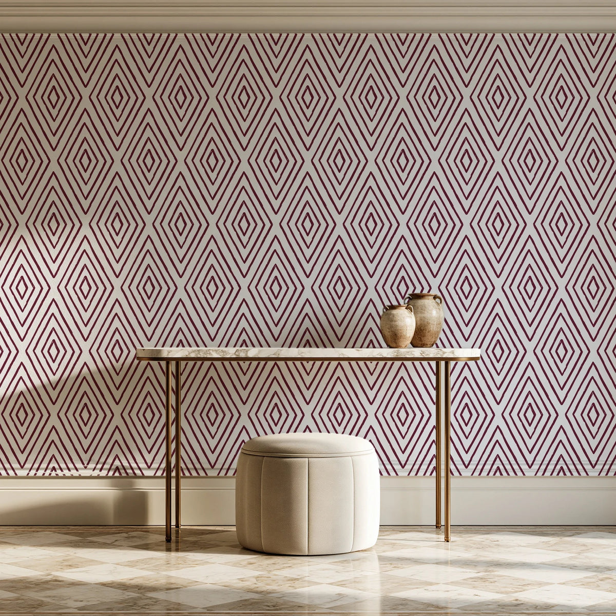 Diamond Echo Bordeaux tribal diamond wallpaper on the wall of a grand entry foyer
