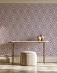 Diamond Echo Bordeaux tribal diamond wallpaper on the wall of a grand entry foyer