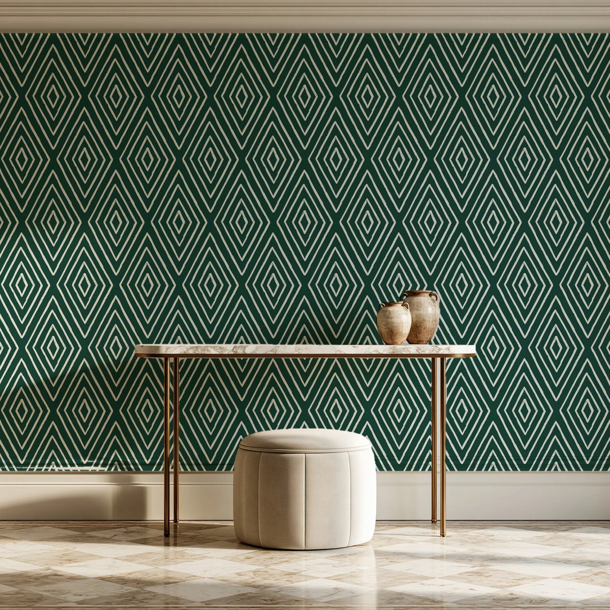 Diamond Echo Emerald tribal diamond wallpaper on the wall of a grand entry foyer