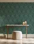 Diamond Echo Emerald tribal diamond wallpaper on the wall of a grand entry foyer