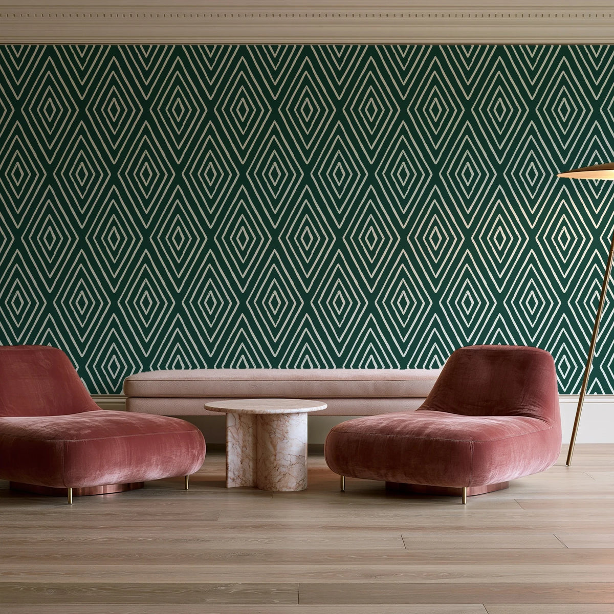 Diamond Echo Emerald tribal diamond wallpaper in a boutique hotel sitting area