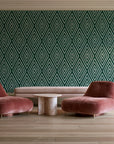 Diamond Echo Emerald tribal diamond wallpaper in a boutique hotel sitting area