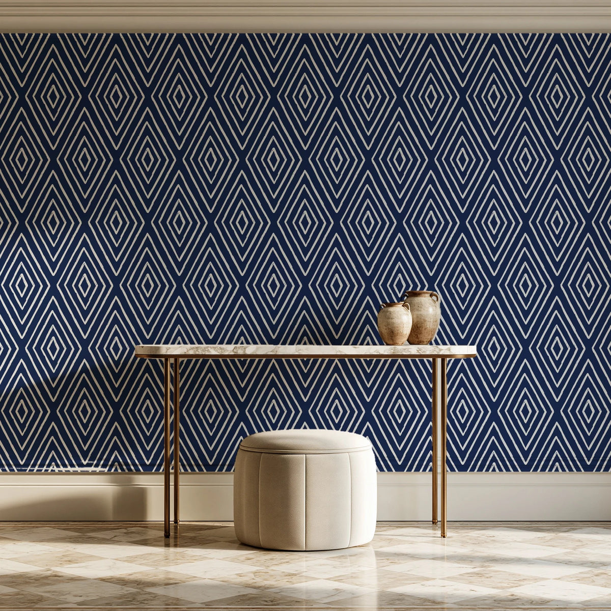 Diamond Echo Midnight tribal diamond wallpaper on the wall of a grand entry foyer