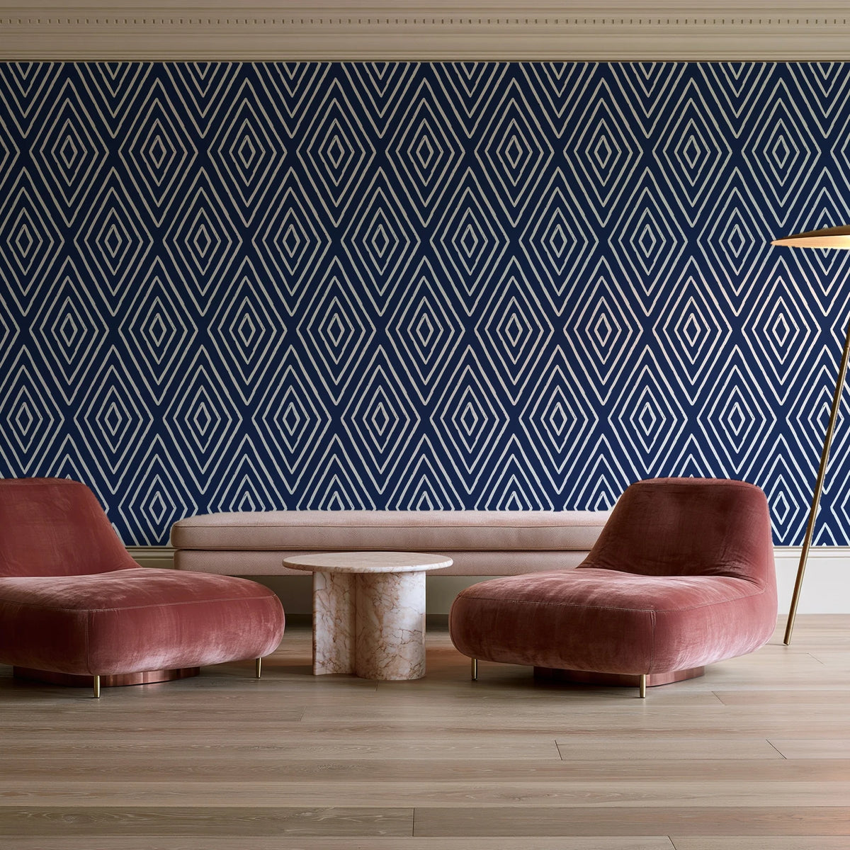 Diamond Echo Midnight tribal diamond wallpaper in a boutique hotel sitting area