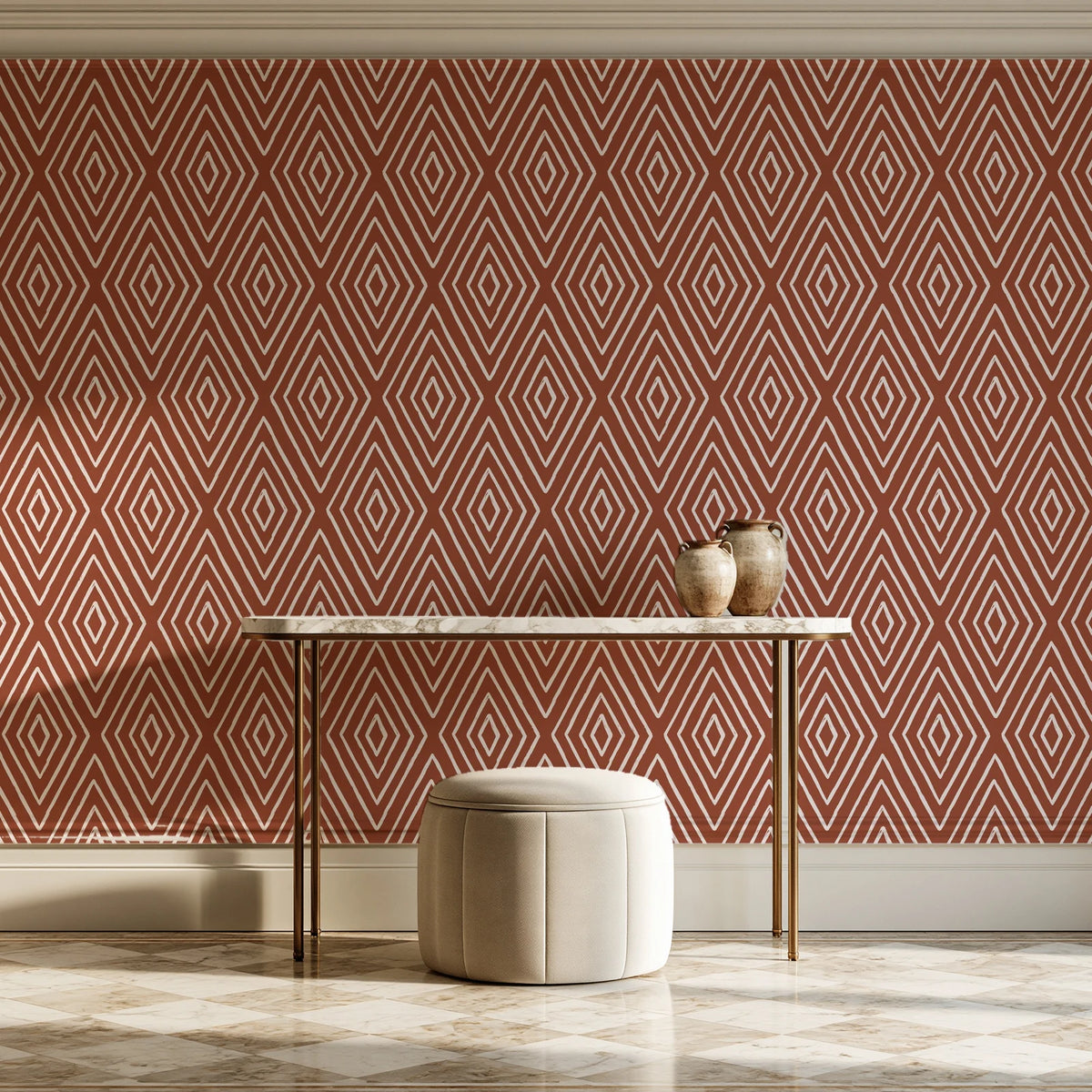 Diamond Echo Terracotta tribal diamond wallpaper on the wall of a grand entry foyer