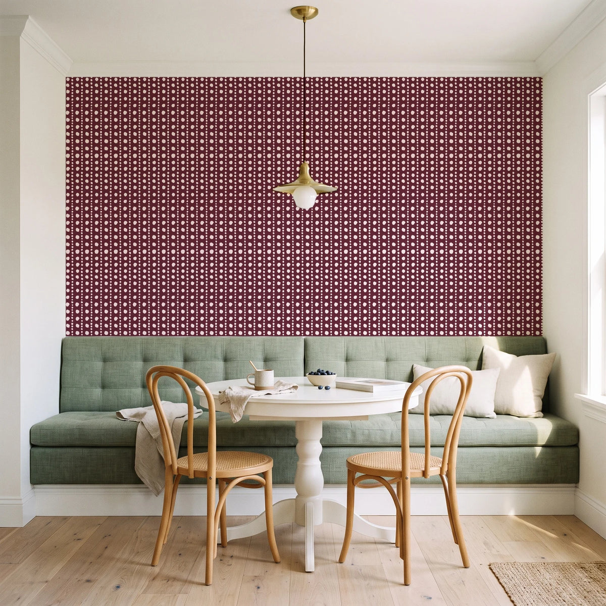 Dot Column Oxblood dotted wallpaper as a feature wall in a sunlit breakfast nook