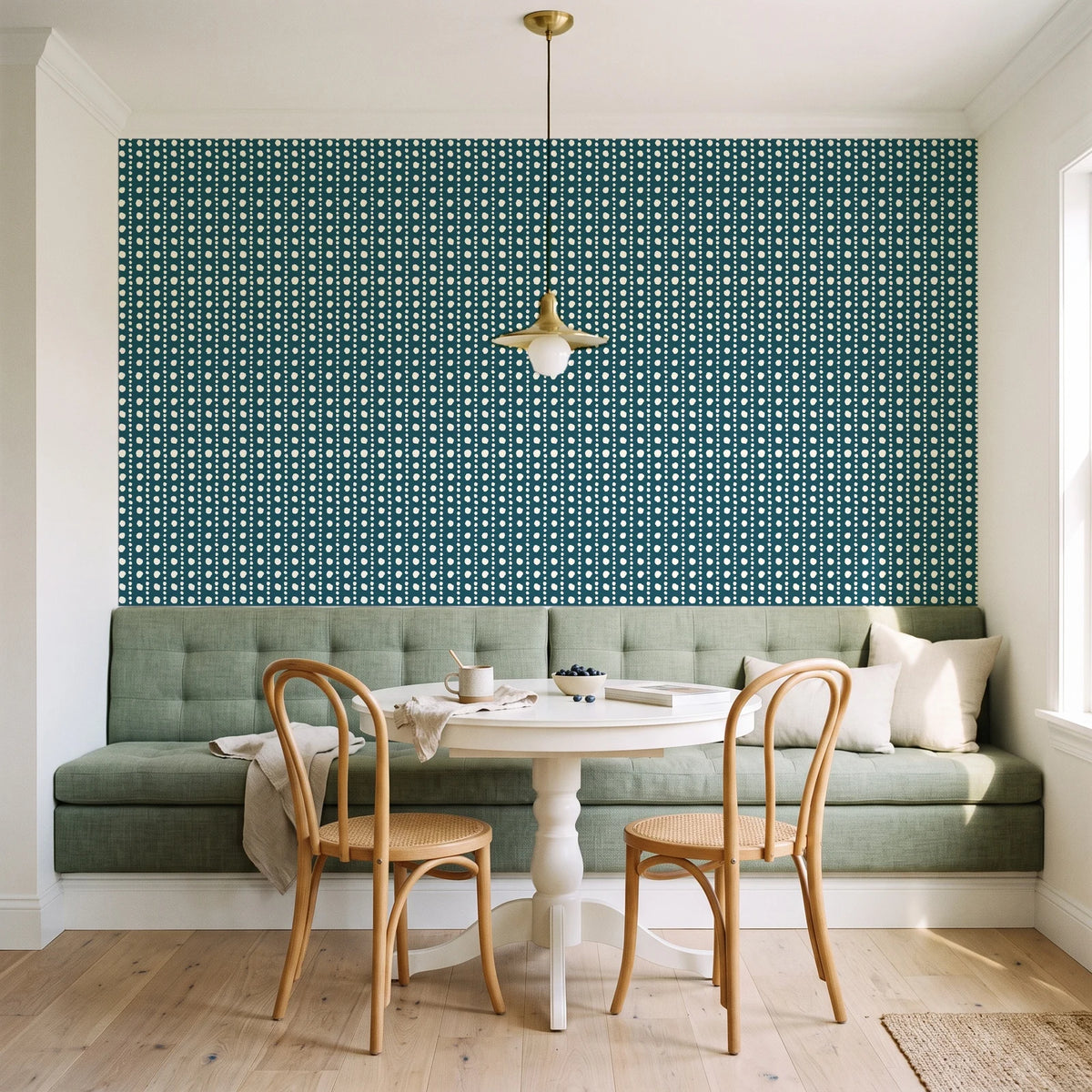 Dot Column Peacock dotted wallpaper as a feature wall in a sunlit breakfast nook