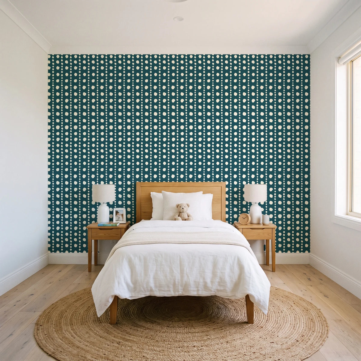 Dot Column Peacock dotted wallpaper in a bright, cheerful child's bedroom