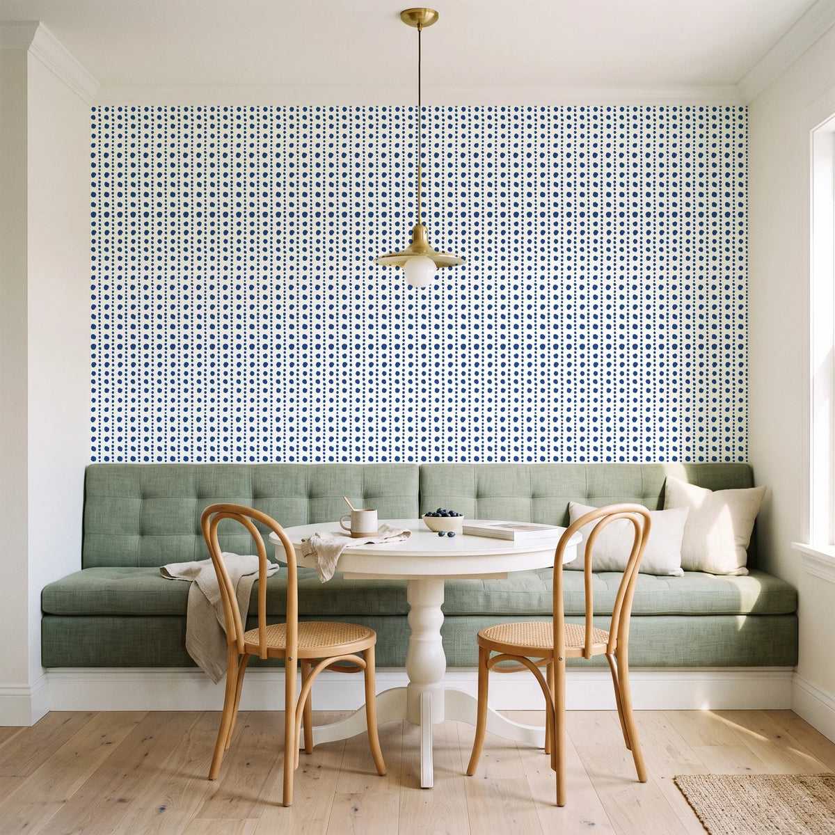 Dot Column Porcelain dotted wallpaper as a feature wall in a sunlit breakfast nook