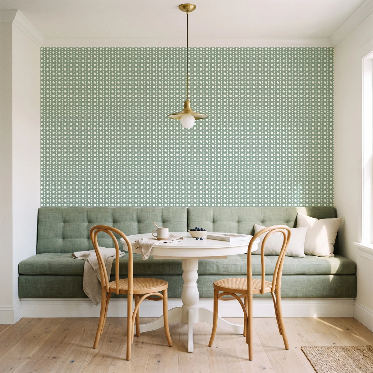 Dot Column Sage dotted wallpaper as a feature wall in a sunlit breakfast nook