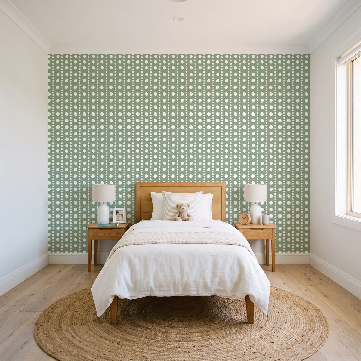 Dot Column Sage dotted wallpaper in a bright, cheerful child's bedroom