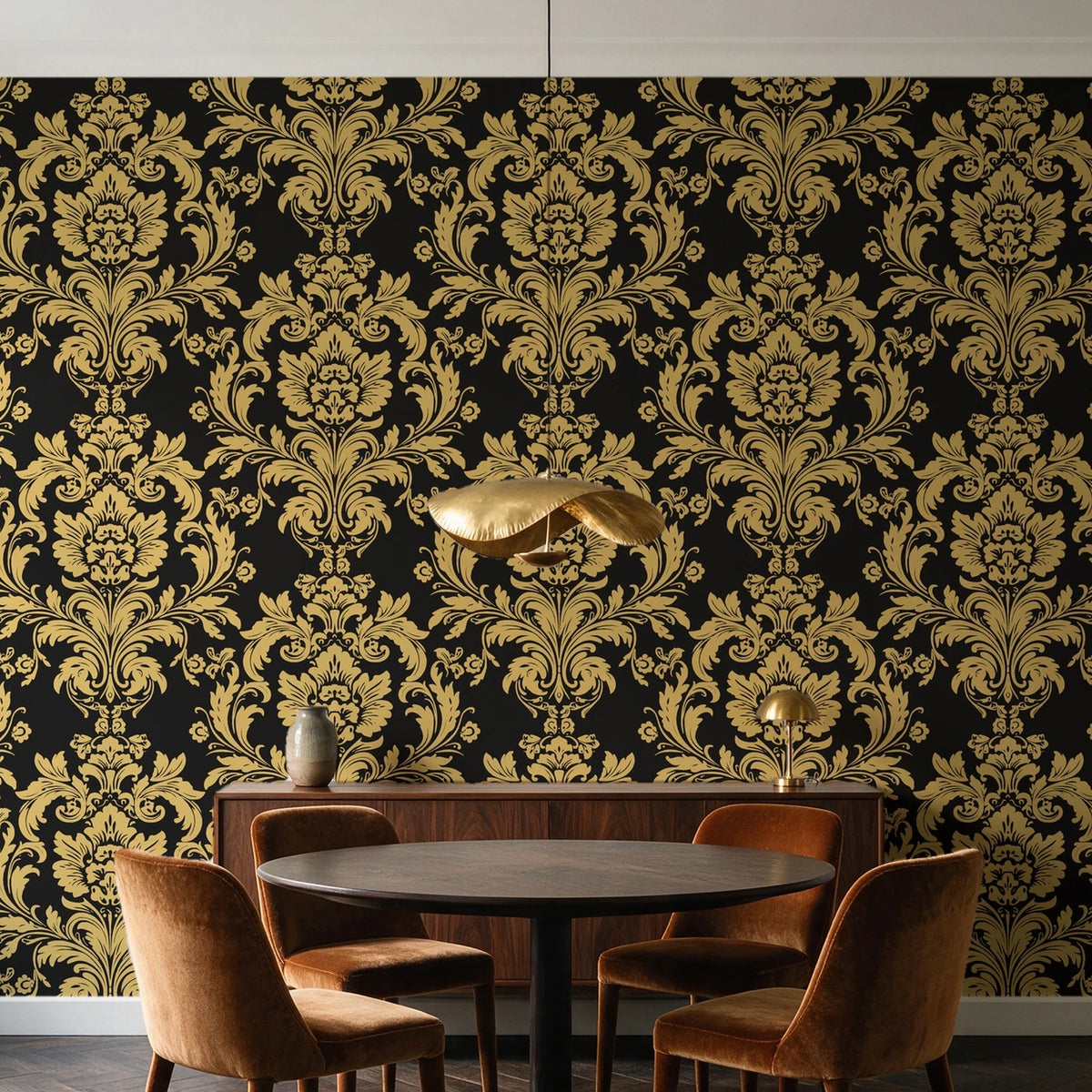 Dreamy Fern Dial Gilt fern damask wallpaper behind a walnut credenza and round table in an elegant dining room