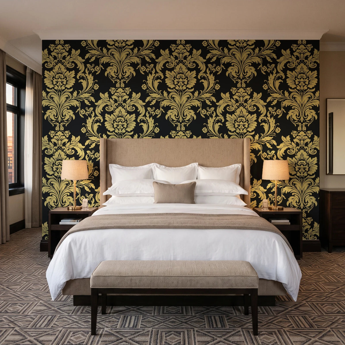 Dreamy Fern Dial Gilt fern damask wallpaper behind the headboard of a king bed in a contemporary hotel guest room
