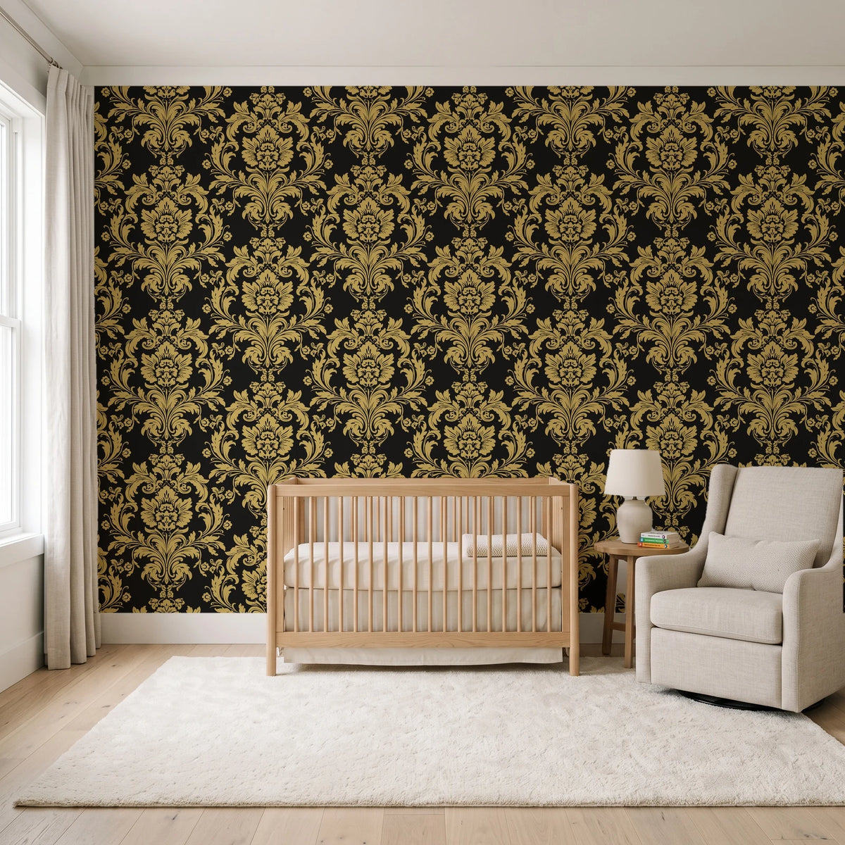 Dreamy Fern Dial Gilt fern damask wallpaper in a calm, light-filled nursery