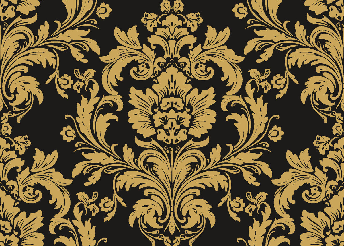Dreamy Fern Dial Gilt fern damask wallpaper in gold and black