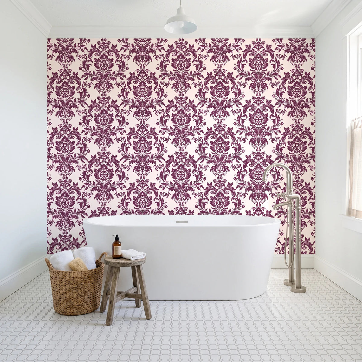 Dreamy Fern Dial Mulberry fern damask wallpaper behind a freestanding tub in a bright coastal bathroom