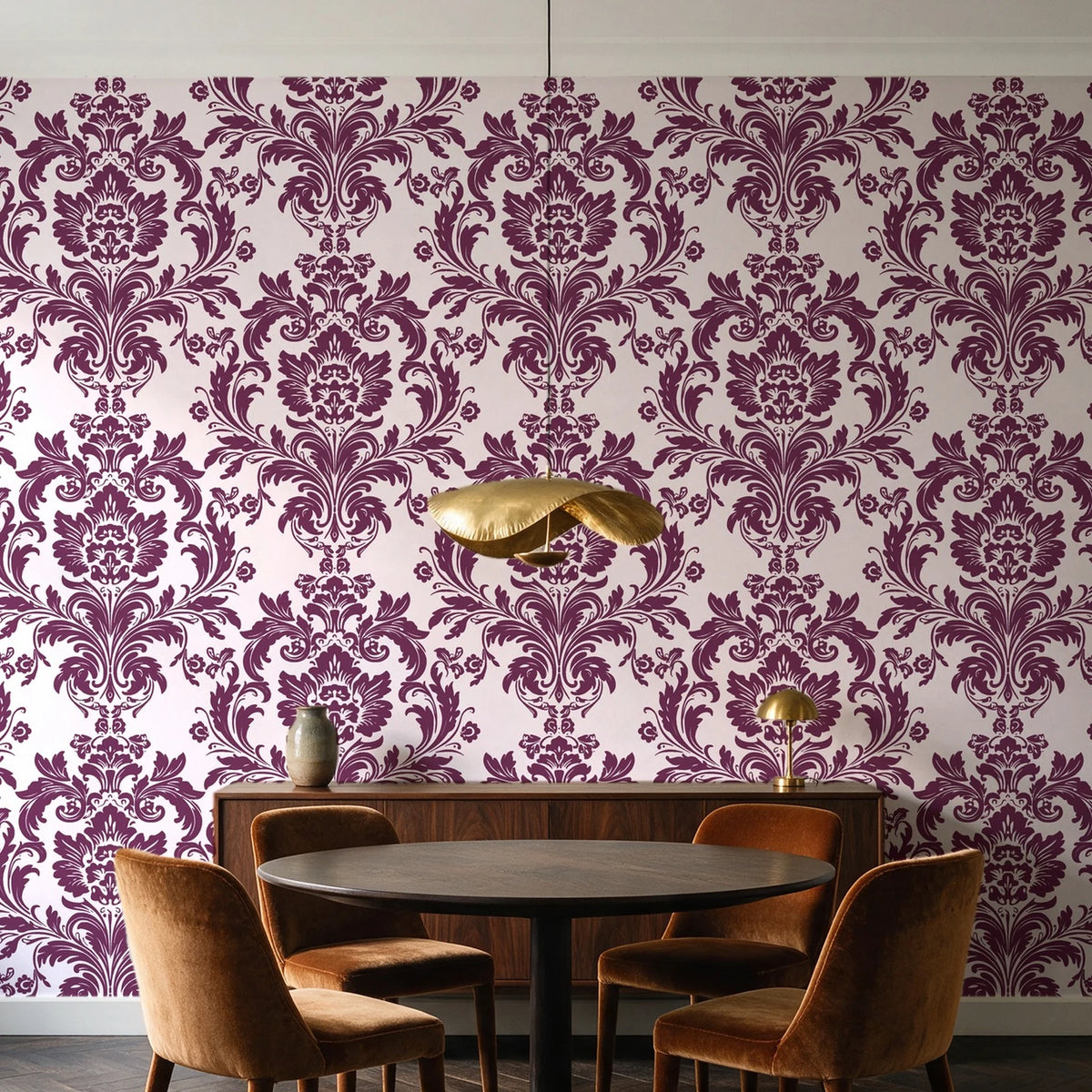 Dreamy Fern Dial Mulberry fern damask wallpaper behind a walnut credenza and round table in an elegant dining room