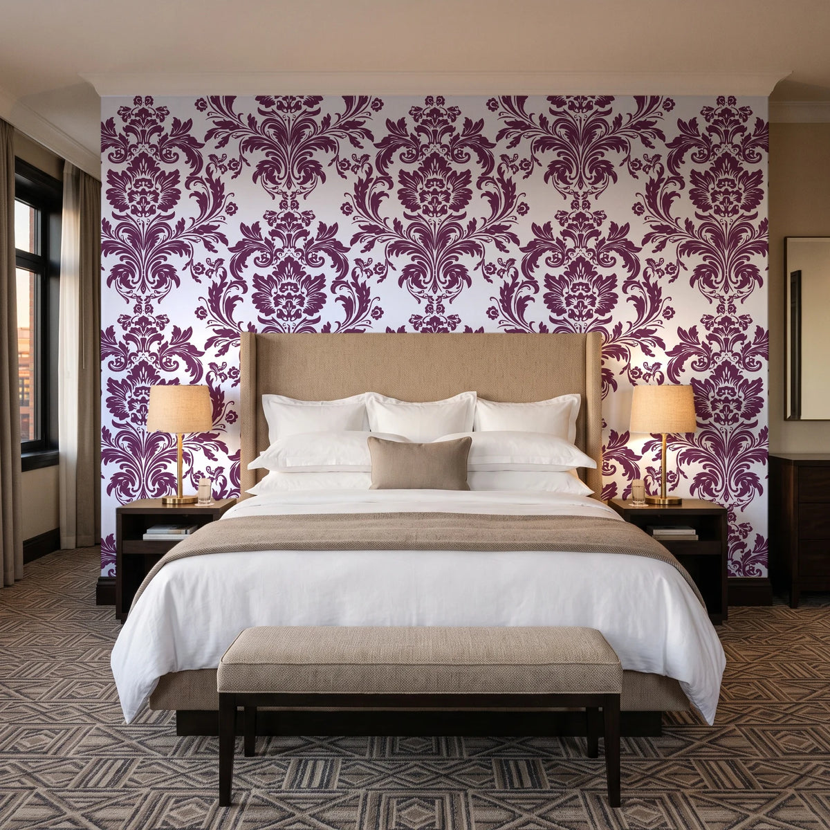 Dreamy Fern Dial Mulberry fern damask wallpaper behind the headboard of a king bed in a contemporary hotel guest room