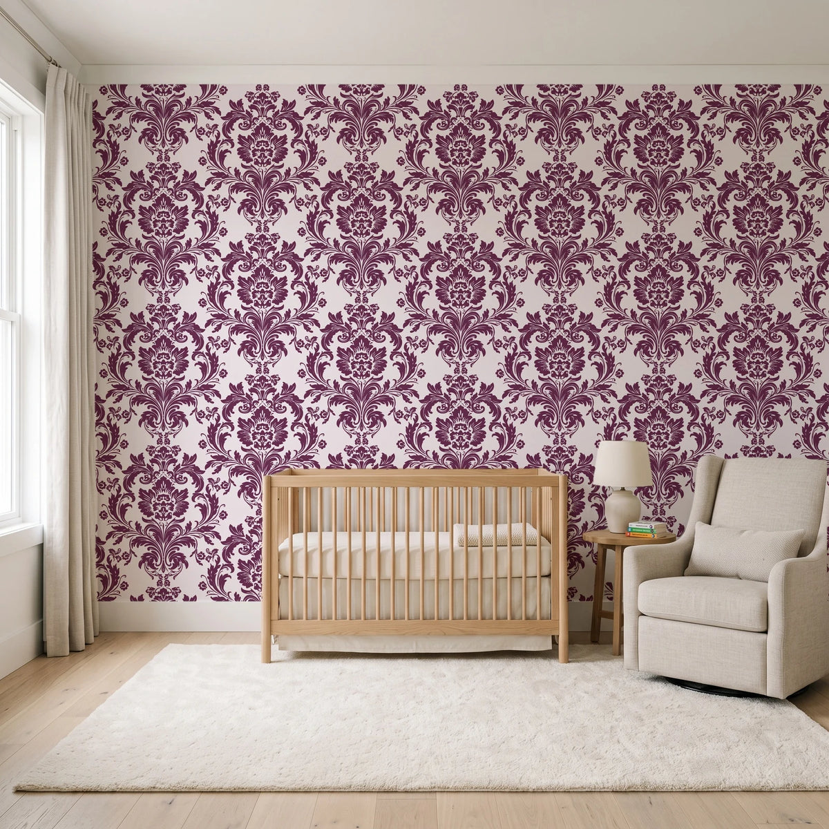 Dreamy Fern Dial Mulberry fern damask wallpaper in a calm, light-filled nursery