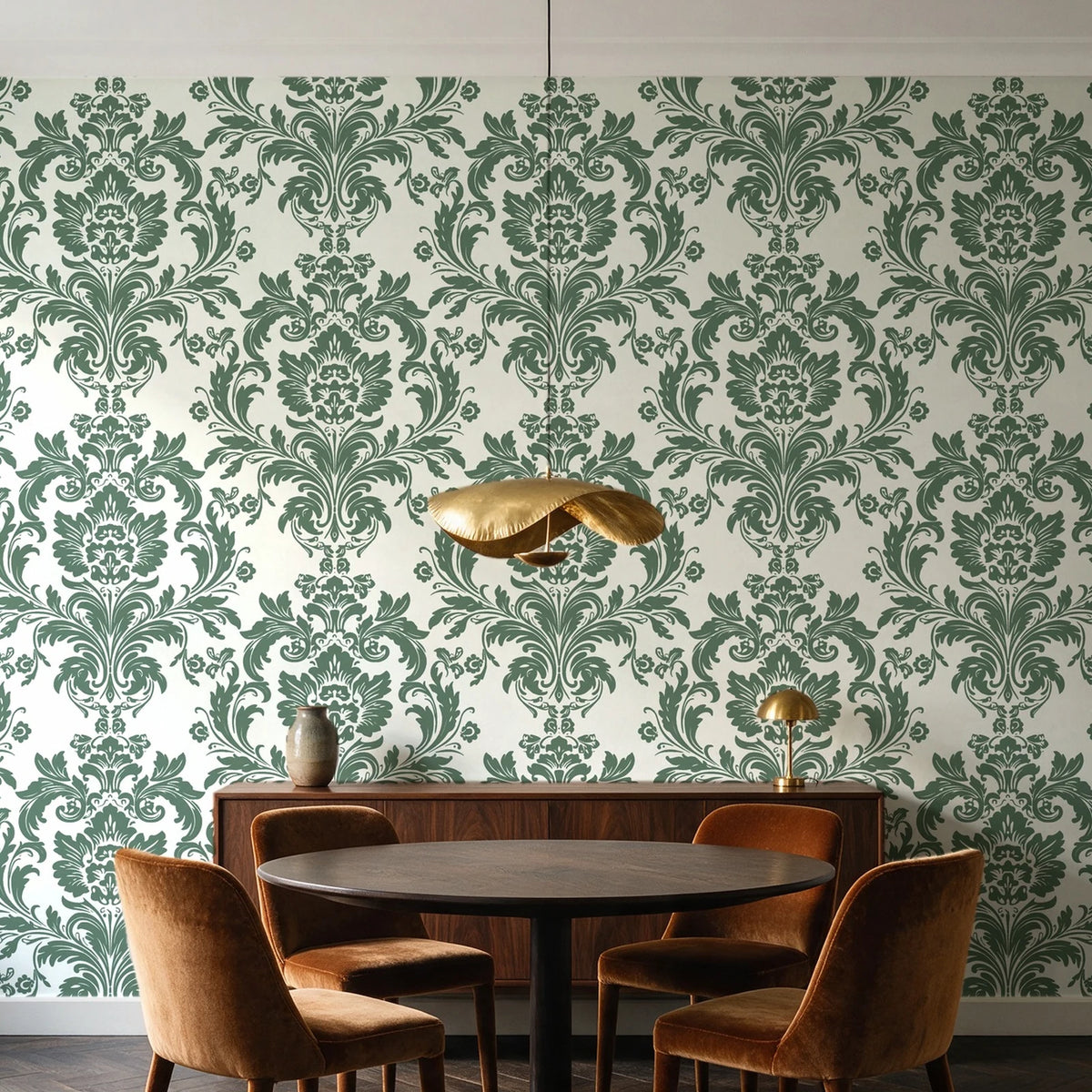 Dreamy Fern Dial Sage fern damask wallpaper behind a walnut credenza and round table in an elegant dining room