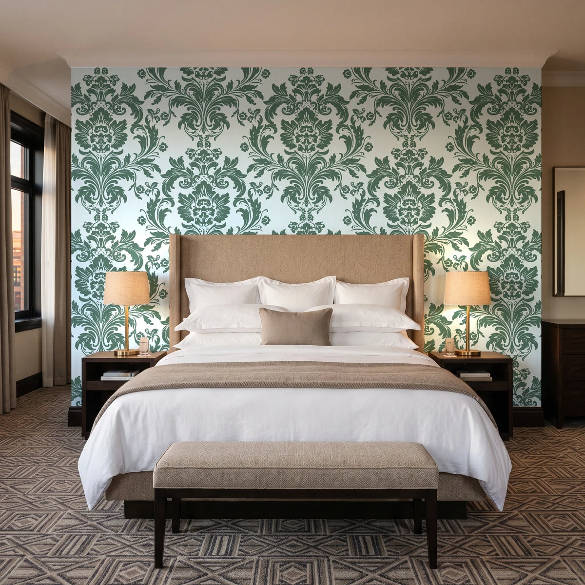 Dreamy Fern Dial Sage fern damask wallpaper behind the headboard of a king bed in a contemporary hotel guest room